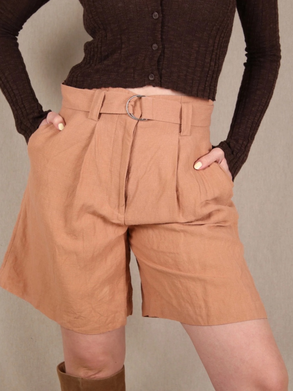 & Other Stories Stockholm Belted Silk Linen Blend Paperbag Shorts US 2